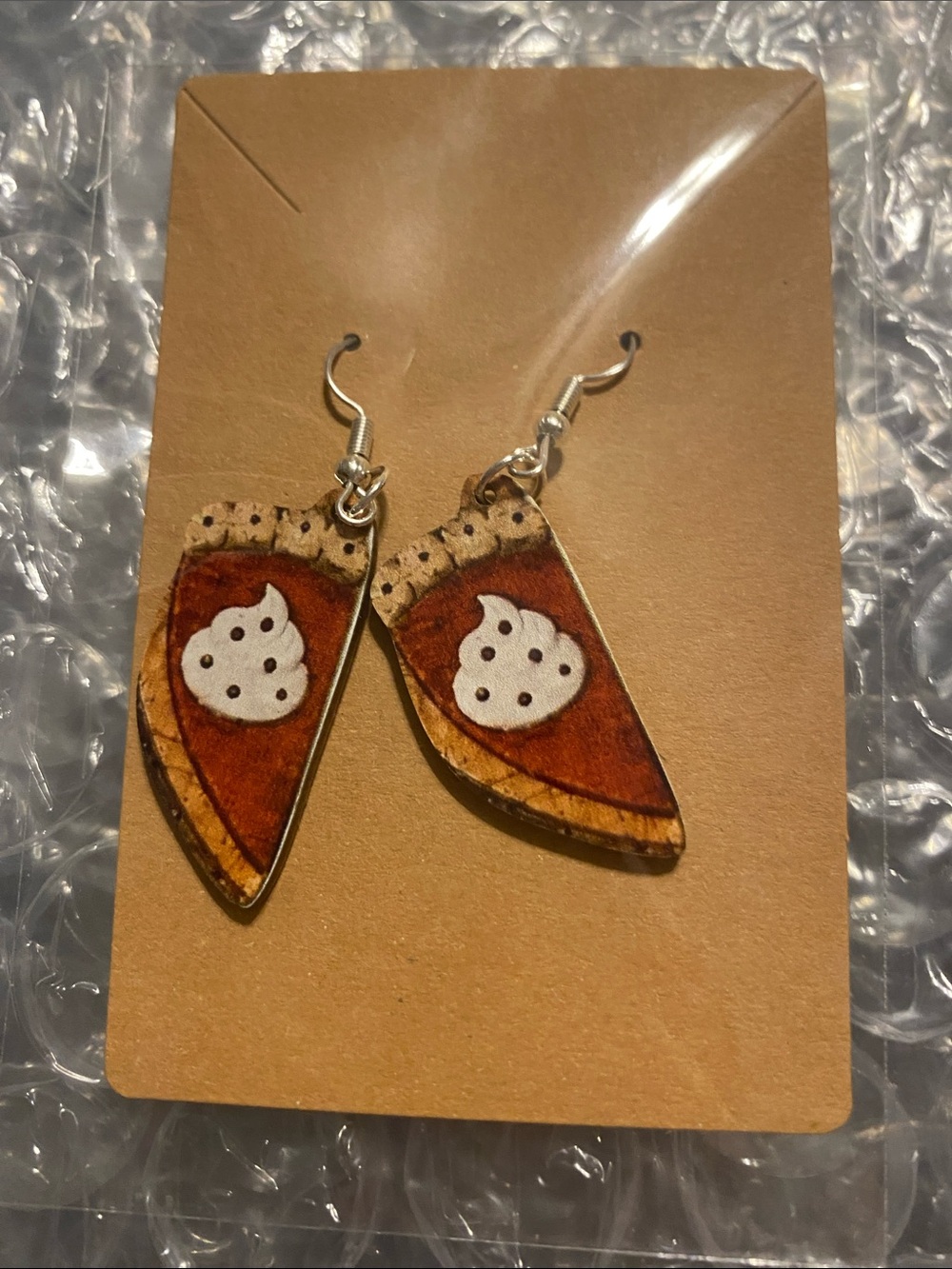 Handcrafted Brown Pizza Slice Wood Drop Earrings with Whipped Cream Accent